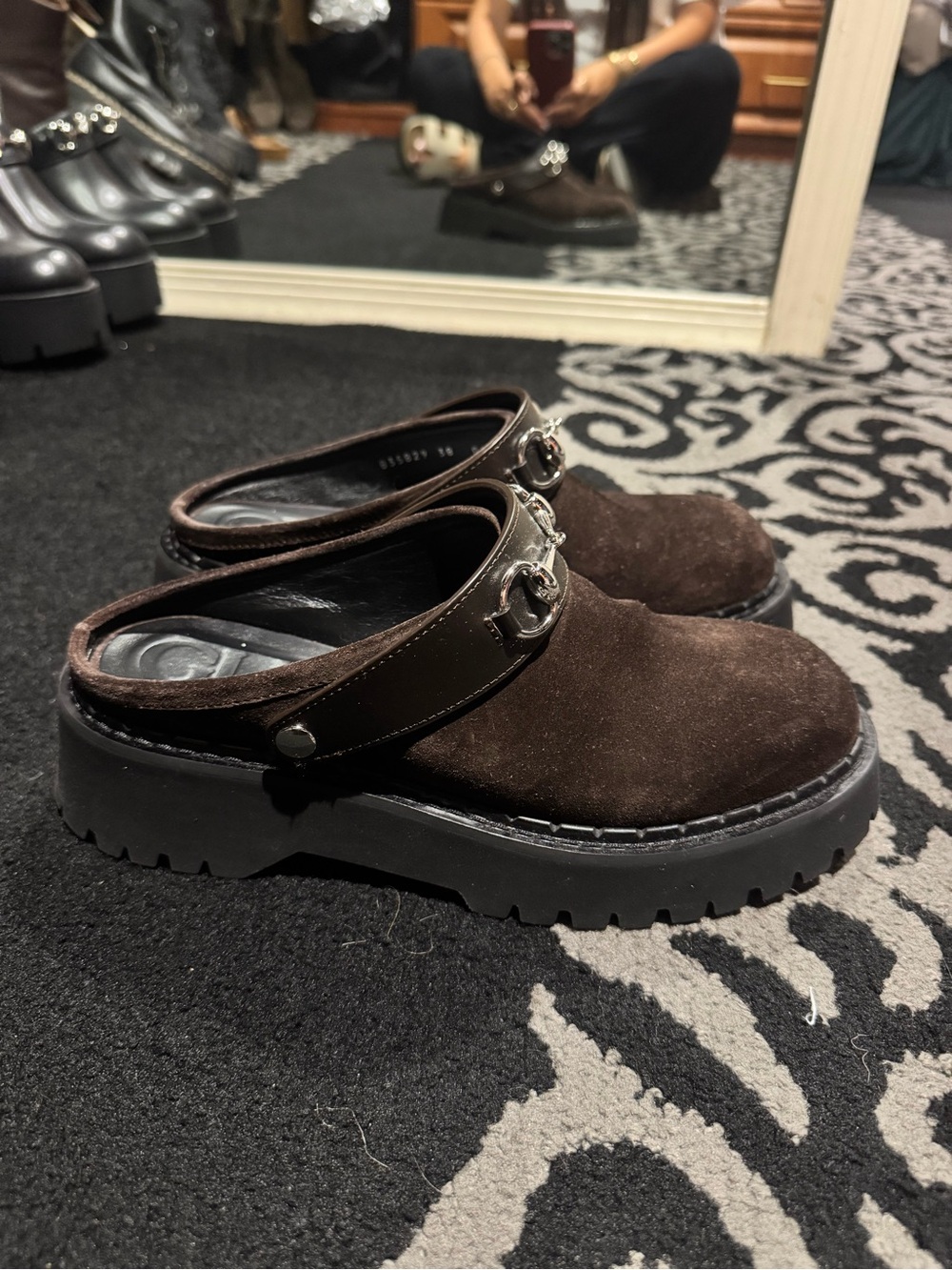 Women’s Brown Suede GUCCI AUTHENTIC Chunky Mule with Buckle Strap